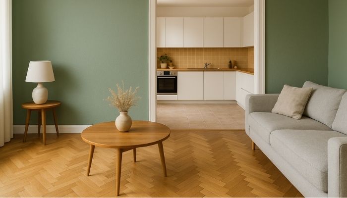 Salon parquet chevron et murs peints verts cuisine ouverte