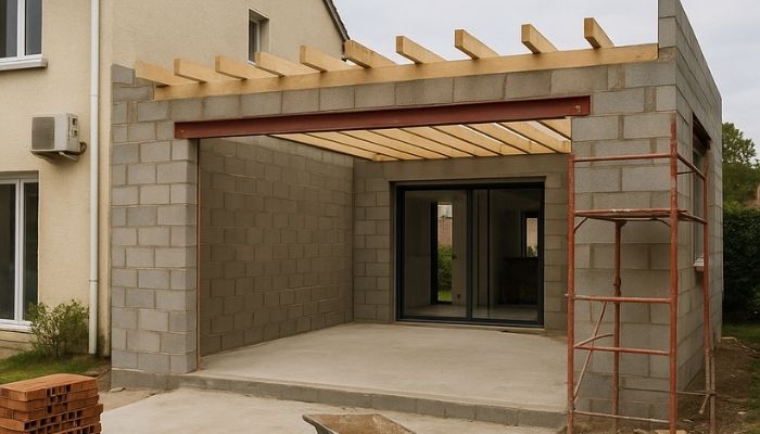 Extension de maison en blocs béton avec poutre IPN apparente