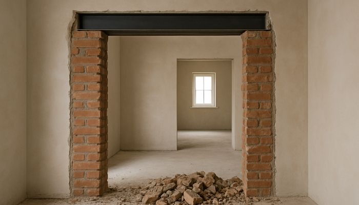 Extension de maison en blocs béton avec poutre IPN apparente