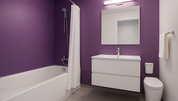 Salle de bains moderne baignoire rideau et meuble vasque blanc